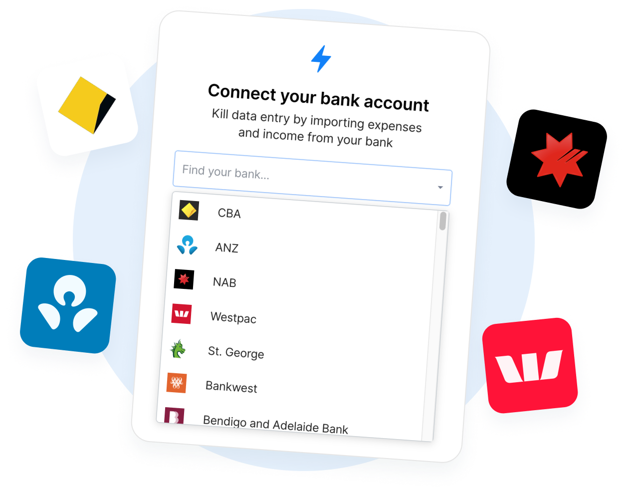 Composite graphic showing the ability to connect to bank feeds