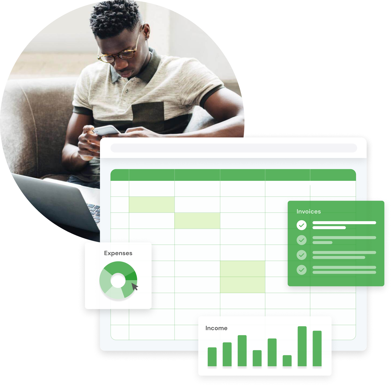 Composite image of man using mobile, overlaid with graphical elements comparing Rounded to Microsfot Excel