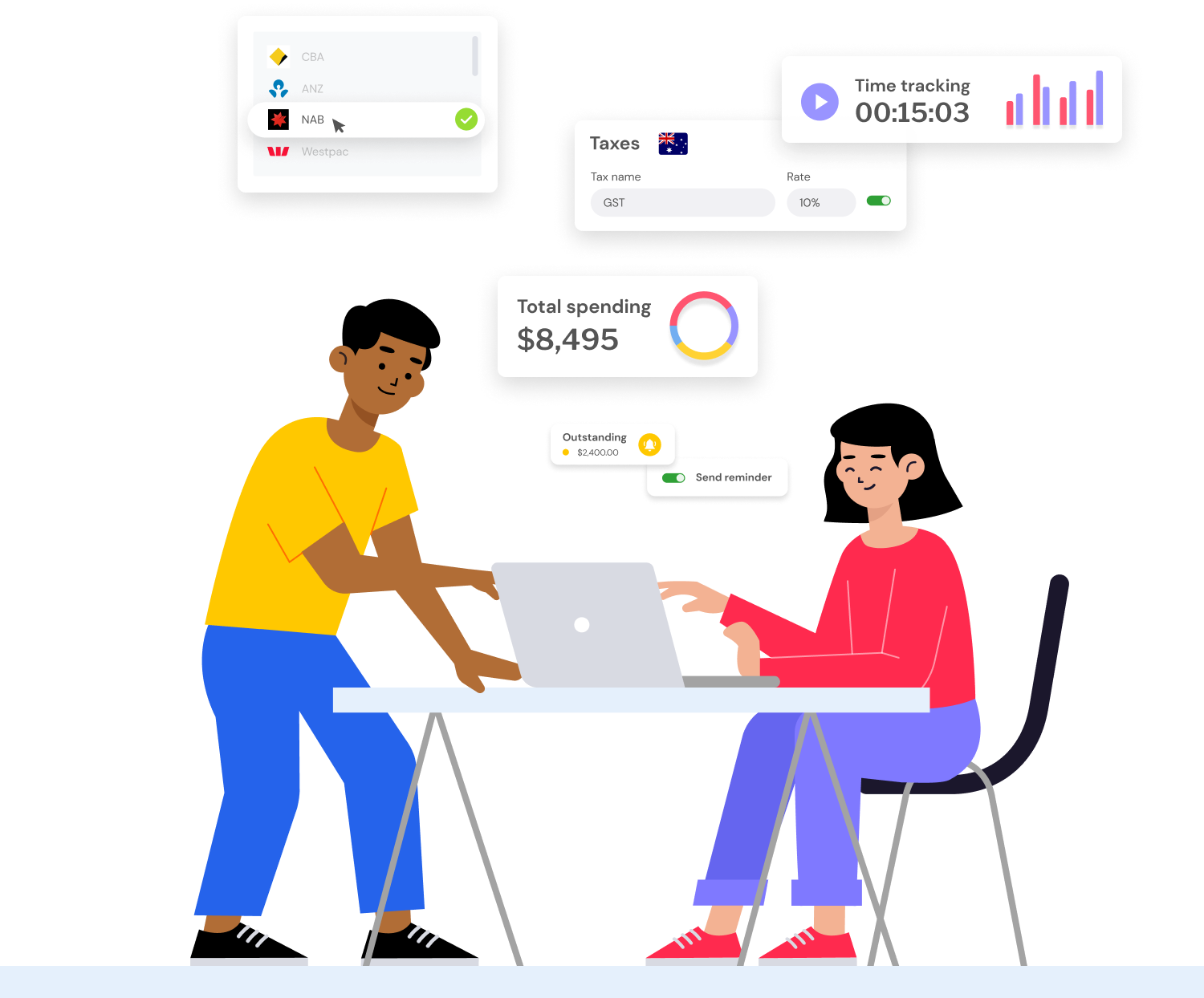 Illustration of happy couple, with graphical elements from Roundeds accounting platform.