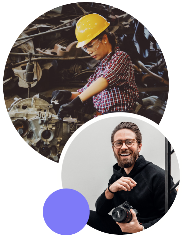 Composite graphic of a photographer and trades worker working.